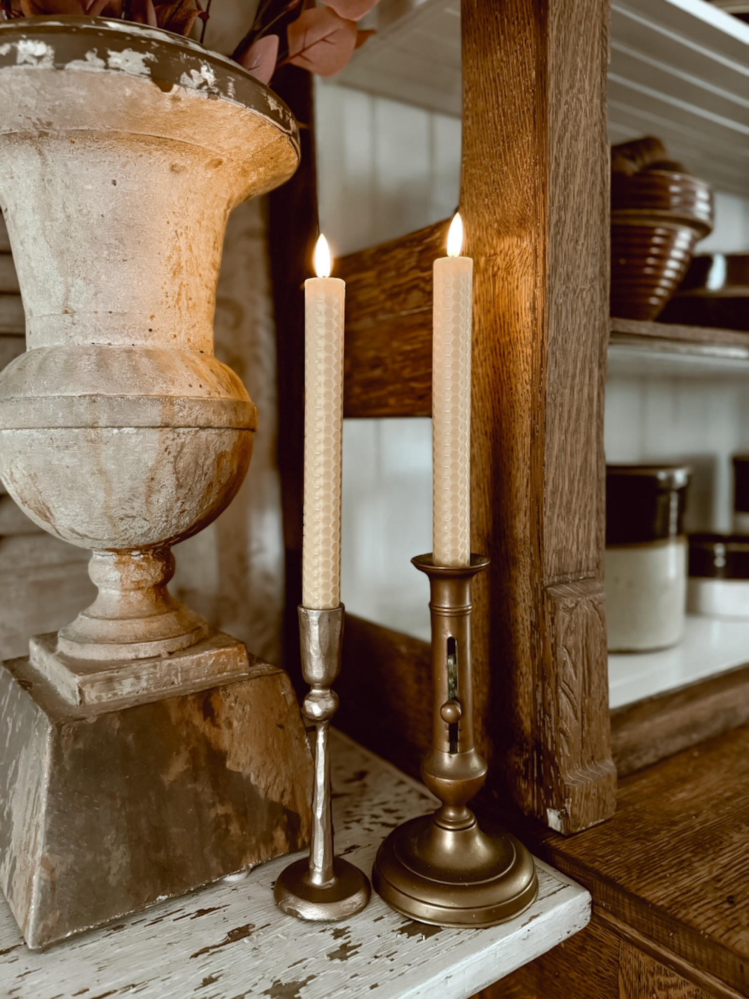 We recently purchased these honeycomb flameless taper candles from Amazon. They have a wax finish, a beautiful warm yellow tone which is perfect for Fall, and they are remote controlled and have a timer option. 

#LTKSeasonal #LTKHome #LTKFindsUnder50