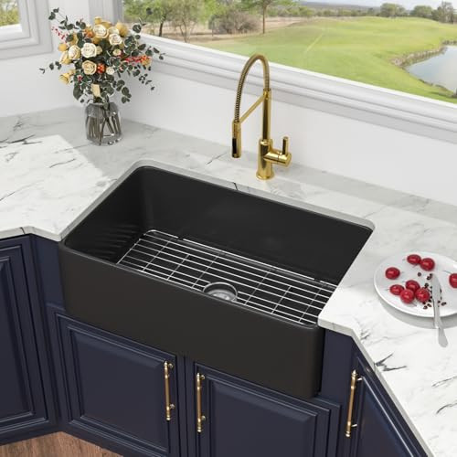 Kichae 33 Inch Matte Black Farmhouse Sink - Farm Kitchen Sink 33x20 Inch Flat White Apron Front Ceramic Porcelain Fireclay Single Bowl Farmer Sink Basin | Amazon (US)