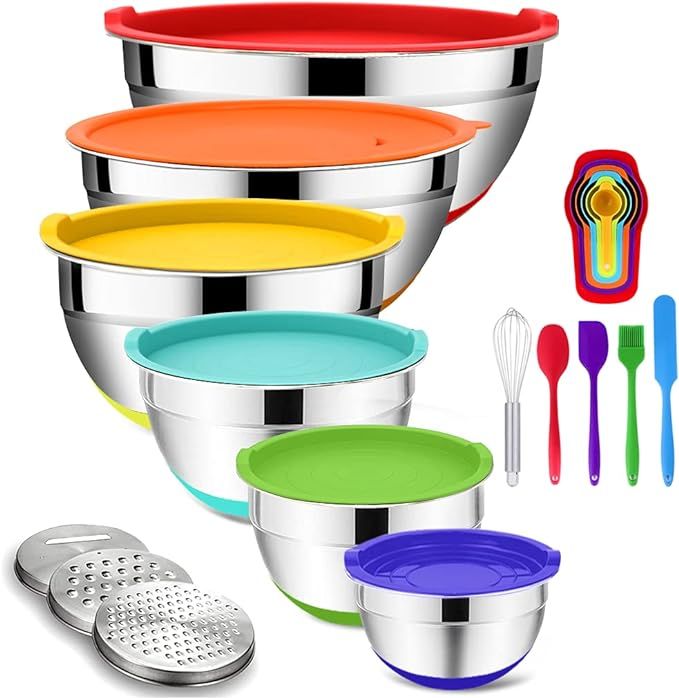 Mixing Bowls with Airtight Lids, 20PCS Stainless Steel Mixing Bowls Set, Nesting Bowls with 3 Gra... | Amazon (US)