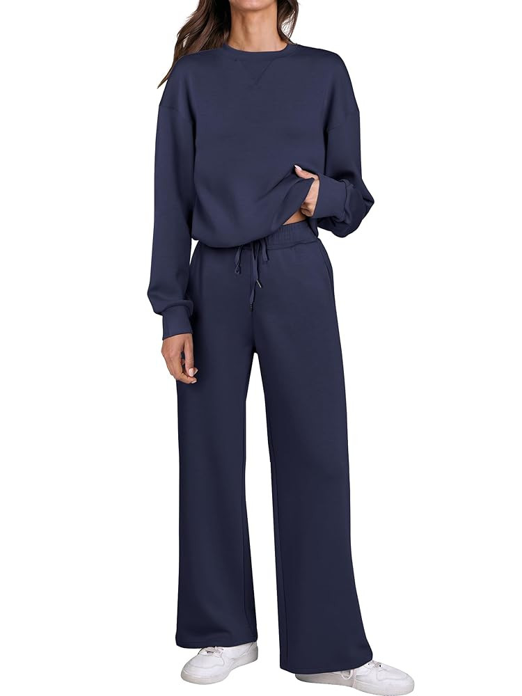 Caracilia Women's 2 Piece Outfits Sweatsuit Fall Crewneck Sweatshirts Wide Leg Pants Lounge Match... | Amazon (US)