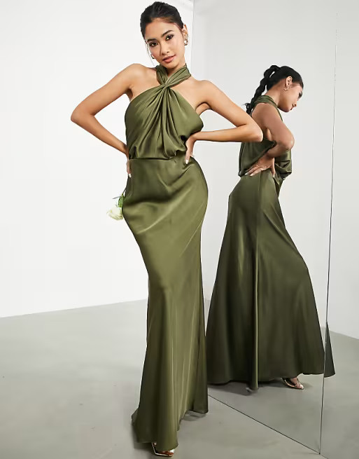 ASOS Edition satin ruched halter neck maxi dress in olive | ASOS (Global)