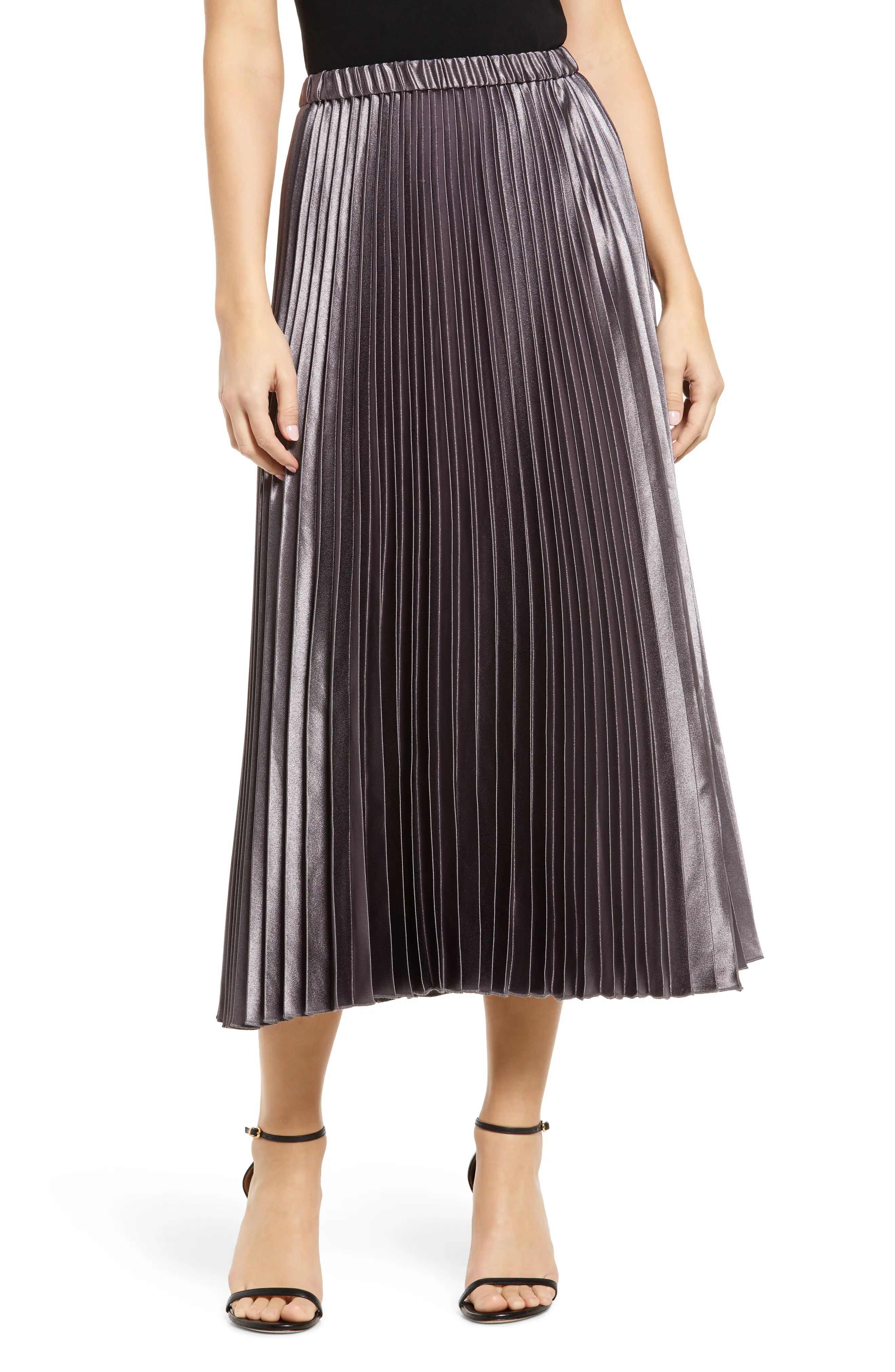 Anne Klein Pleated Satin Midi Skirt in Charcoal at Nordstrom, Size X-Large | Nordstrom