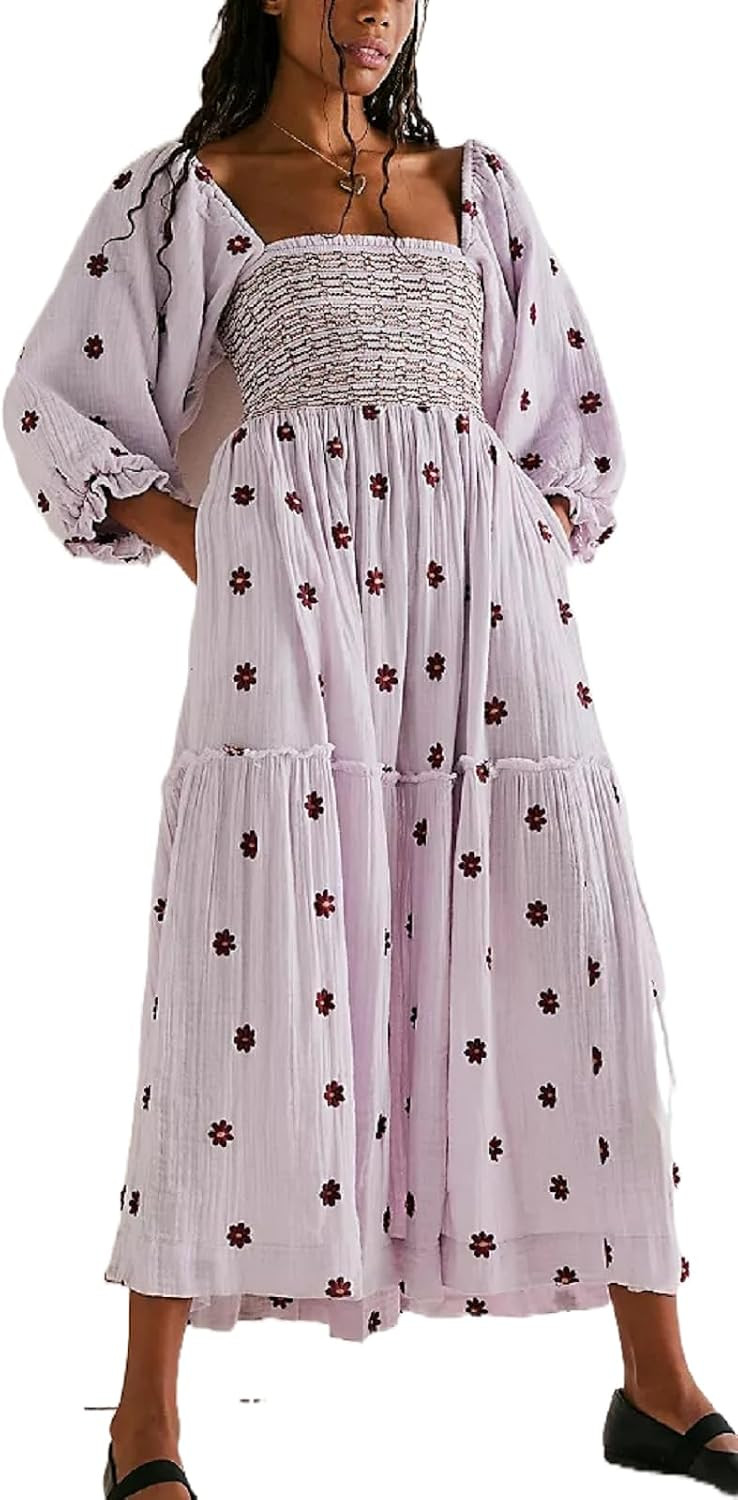 Argeousgor Women 2023 Bohemian Floral Dress Square Neck Ruffle Swing A Line Maxi Dress Long Sleeve B | Amazon (US)