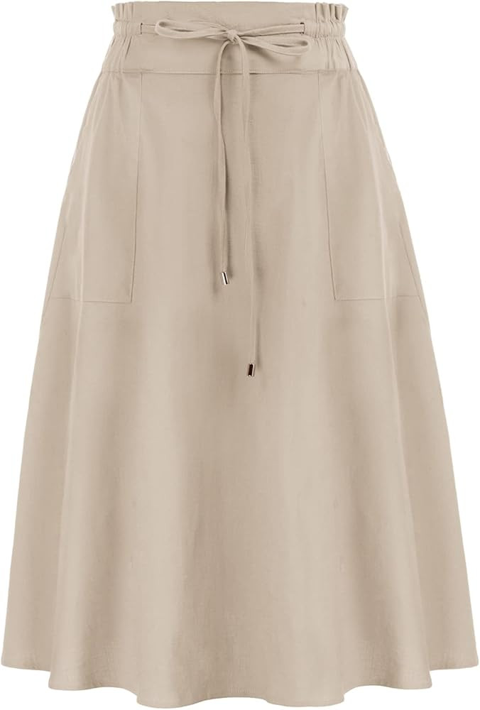 KANCY KOLE Women Casual Cotton Linen Skirts Frill Tie Waist A-Line Midi Skirt with Pockets S-XXL | Amazon (US)