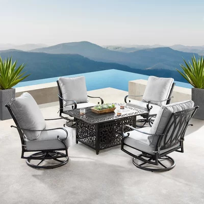 Outdoor Aluminum 48 In. Rectangular Fire Table Set With Four Deep Seating Swivel Rocking Chairs, Wind Blocker, Fire Beads, Lid And Fabric Cover | Perigold