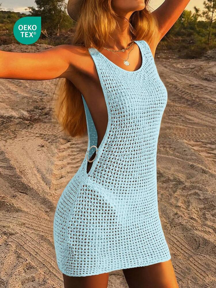 Women's Summer Bohemian Sexy Hollow Out Casual Sheer Sleeveless Fitted Backless Design Short Dress Vacation Beach | SHEIN