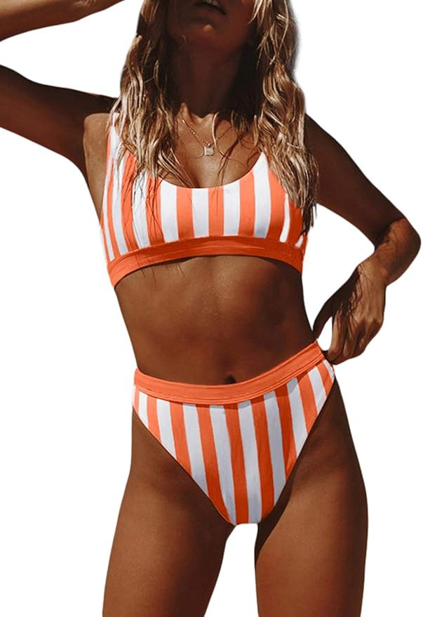 Aleumdr Women's Crop Top Striped Printed High Waisted Cheeky Bikini Set Two Piece Swimsuits | Amazon (US)