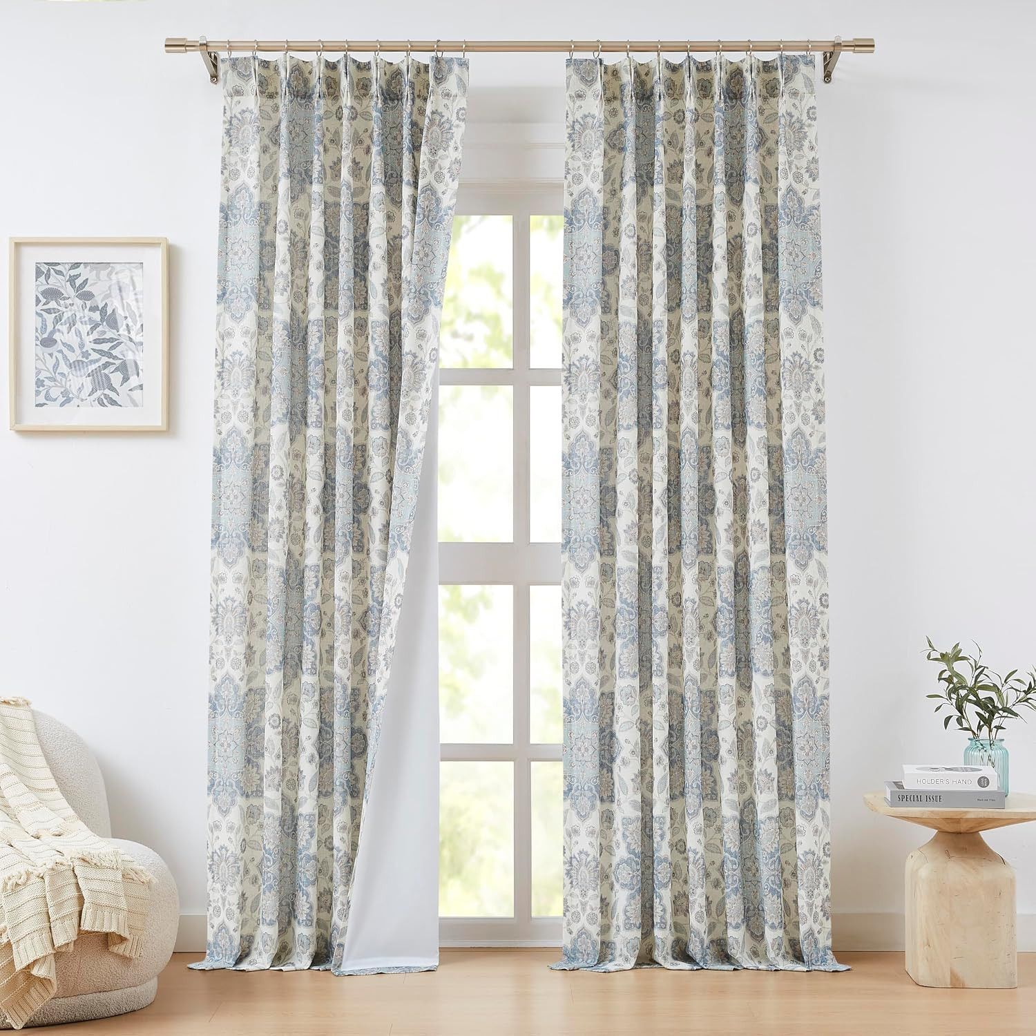 Navy Blue Floral Pinch Pleated Light Filtering Curtain Panel, 40"Wx84"Lx2 | Amazon (US)