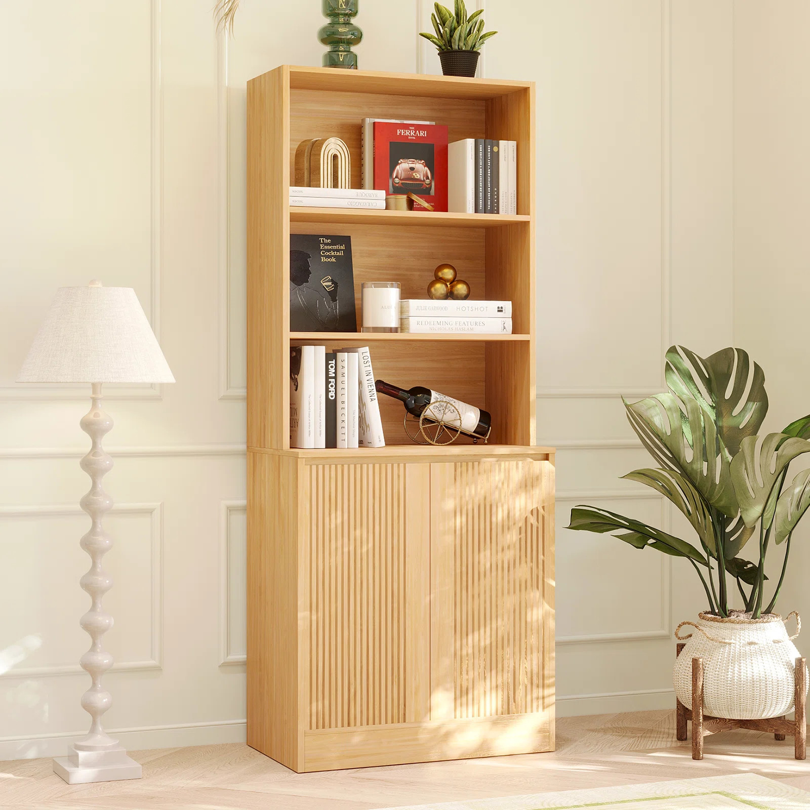 Branigans 71" Wood Book Cabinet Storage Bookcase With 3 Open Shelves & 2 Hidden Shelves | Wayfair North America