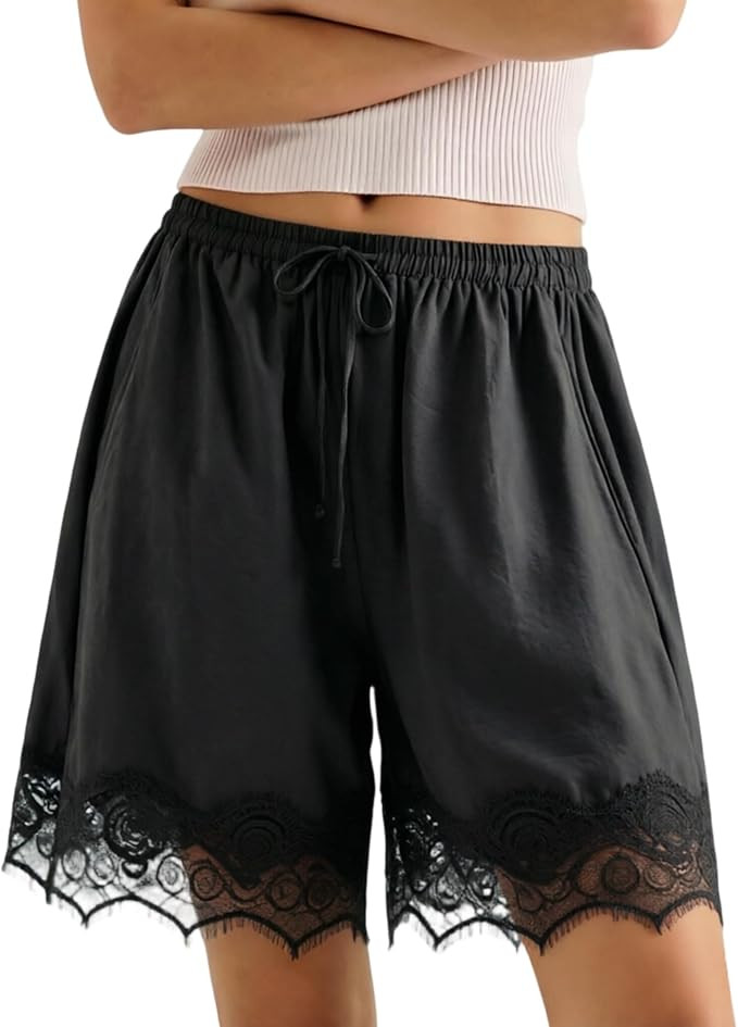 SeeLuNa Lace Trim Shorts for Women Drawstring Elastic Waist Summer Boho Wide Leg Flowy Mini Short... | Amazon (US)