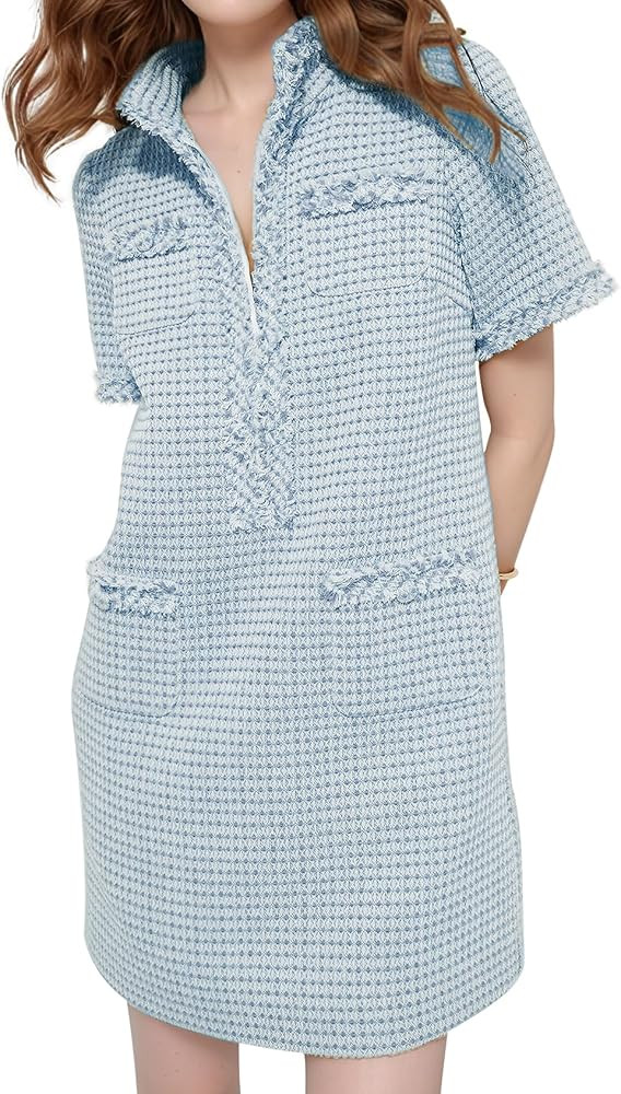 PEHMEA Women's Tweed Dress, Short Sleeve Straight Tube Mini Dress with Pockets for Business Party... | Amazon (US)