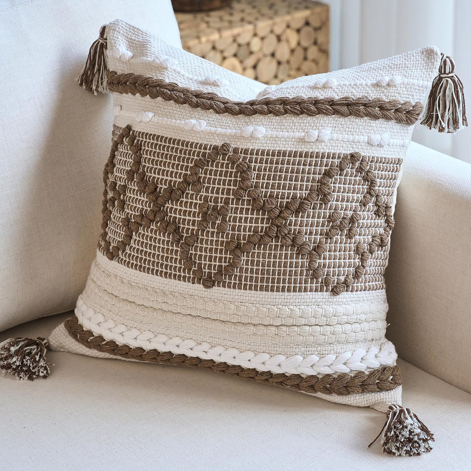 Boho Brown Decorative Pillow Cover with Cording and Tassels Handmade Accent Woven Textured Square... | Amazon (US)
