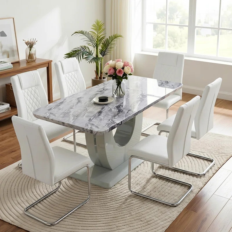 Kimara 7-Piece Modern 63" Rectangular Faux Marble Pedestal Dining Set | Wayfair North America