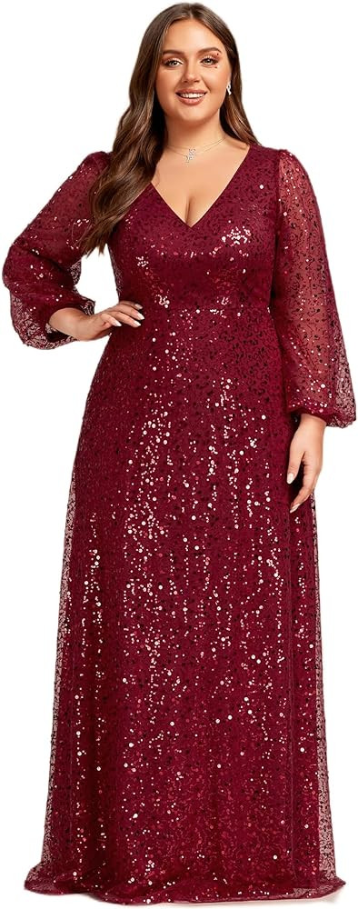 Ever-Pretty Women's Elegant A-Line V Neck Sheer Long Sleeves Plus Size Sequin Formal Dress Evenin... | Amazon (US)