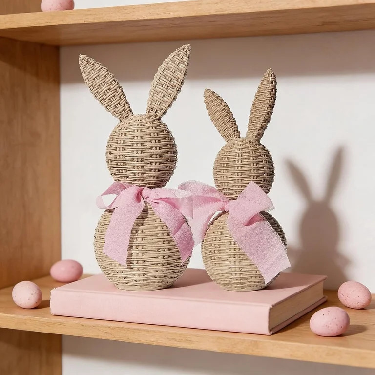 2Pcs Woven Wicker Easter Bunny with Light Pink Bow, Rattan Rabbit Easter Decorations for Farmhous... | Walmart (US)