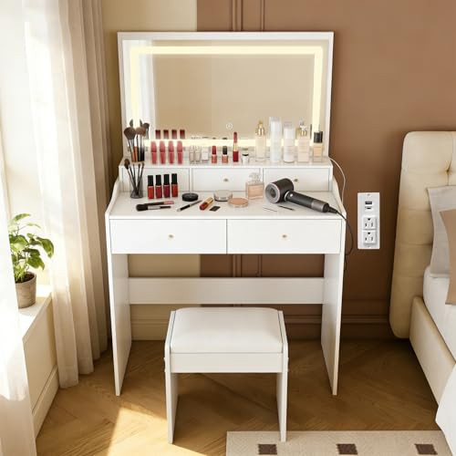 Vanity Desk with Mirror and Lights - Small Makeup Vanity Desk with Chair - White Vanity Dressing Table with 5 Drawers & Power Outlet, Girls Vanity Set with 3 Lighting Adjustable Modes & Hairdryer Rack | Amazon (US)
