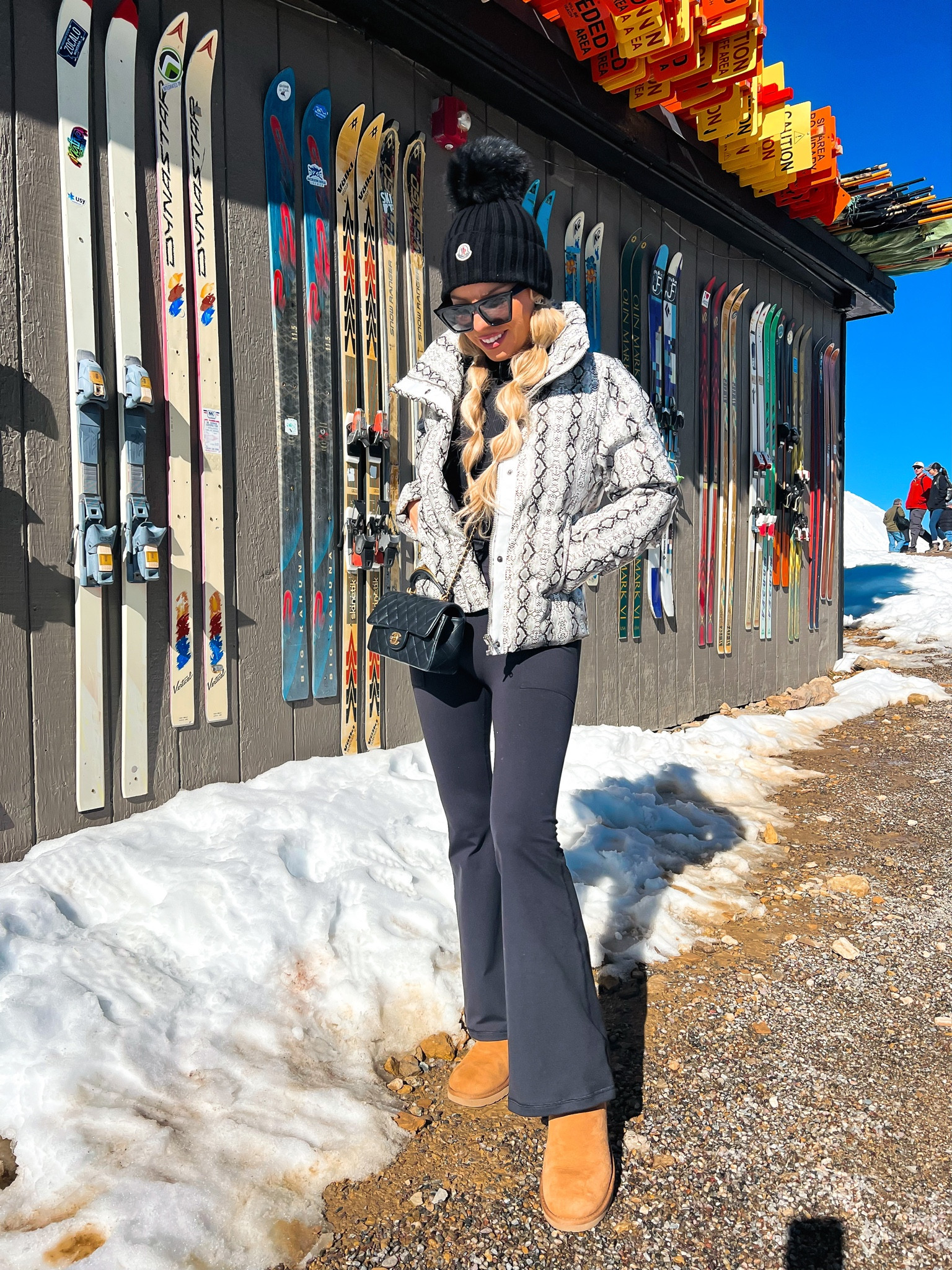 Winter outfit. Snake print coat. Puffer jacket. Flare leggings. Uggs. Beanie. Jackson hole. Comfy cozy. 

#LTKSeasonal #LTKtravel