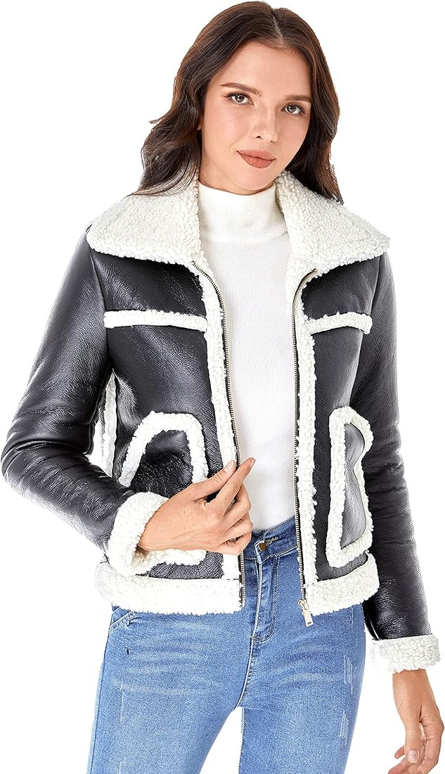 DIASHINY Women's Faux Shearing Fur Winter Coat Warm Thick Fur Lined Faux Leather Jacket | Amazon (US)