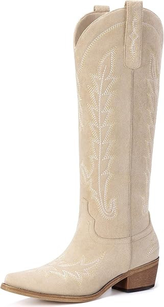 Rivalran Cowboy Boots for Women - Knee High Pointed Toe Chunky Heel Pull On Zipper Western Cowgir... | Amazon (US)