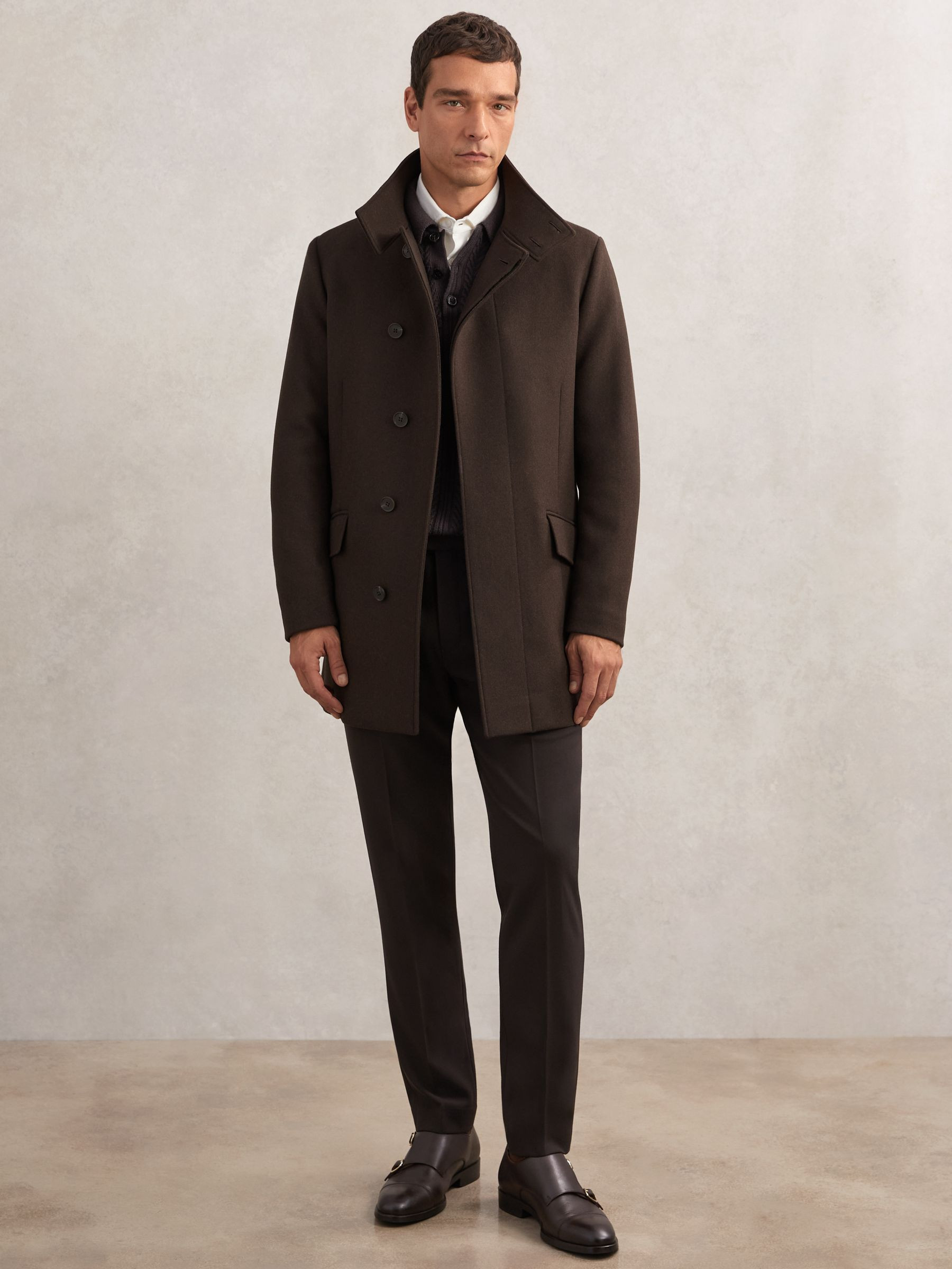 Wool-Blend Stand-Collar Coat in Brown | Reiss UK
