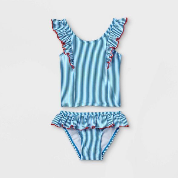 Toddler Girls' Ruffle Sleeve Seersucker Tankini Set - Cat & Jack™ Blue | Target