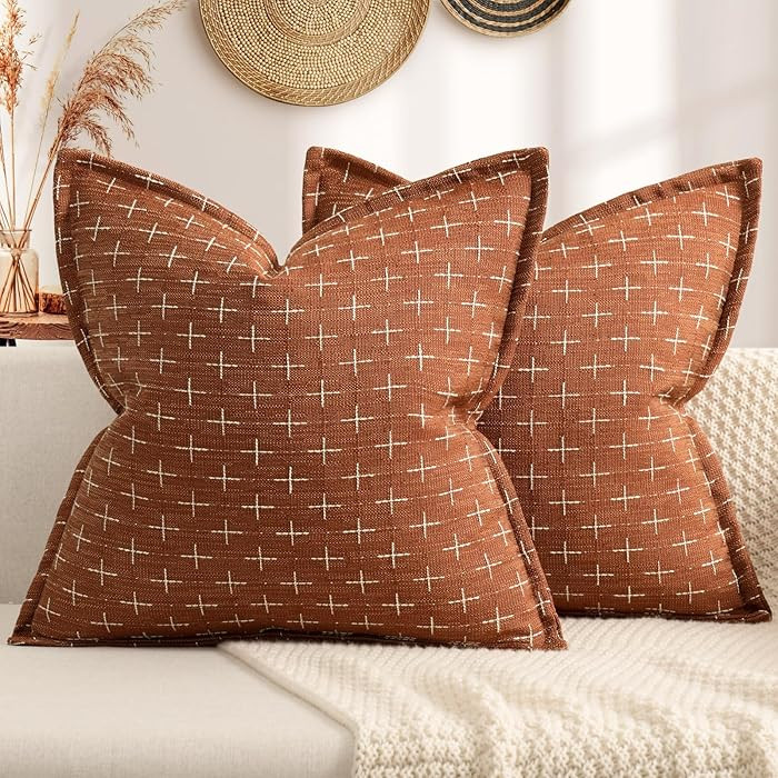 ZWJD Fall Pillow Covers 18x18 Set of 2 Soft Polyester Textured Rust Pillow Covers with Stylish Fl... | Amazon (US)