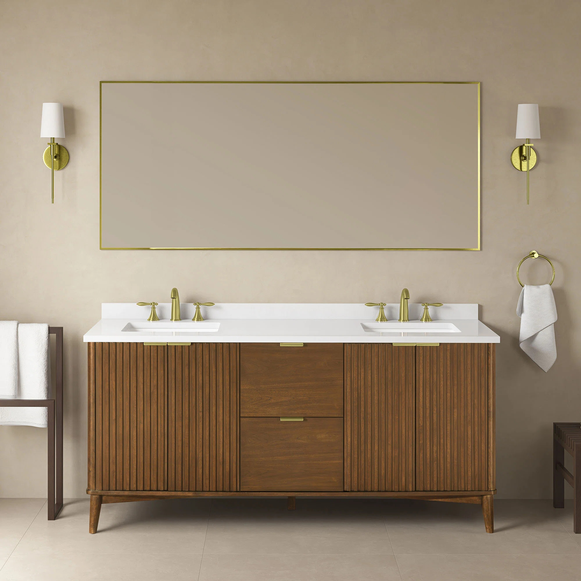 OVE Decors Gabi 72 In. Double Sink Freestanding Warm Walnut Bathroom Vanity With White Engineered... | Wayfair North America