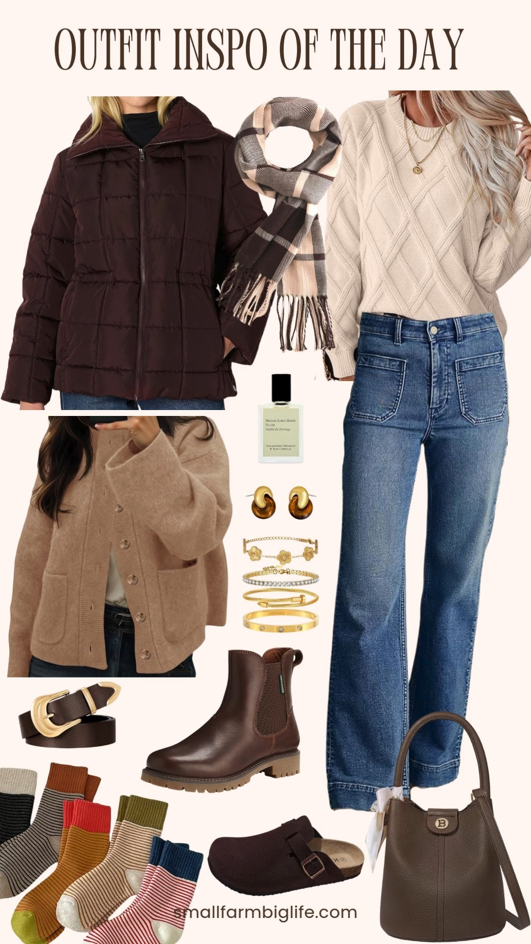Outfit inspo for the day 🤎✨ Cozy neutrals layered just right. Think brown coat, cream sweater, and a tan cardigan, finished with brown boots or suede clogs, warm accessories, and gold details for an effortless everyday look. 

 #LTKootd #LTKOver40 #LTKFindsUnder50