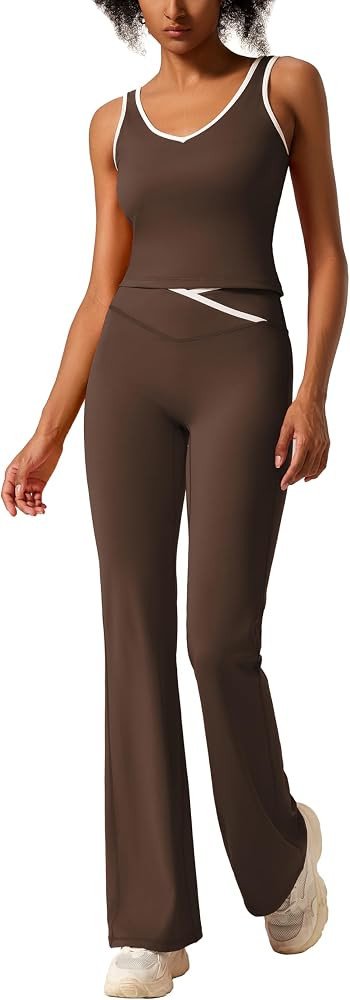 RXRXCOCO Women 2 Piece Workout Sets Flare Leggings Scrunch Butt Lifting Crop Tank Matching Set Co... | Amazon (US)