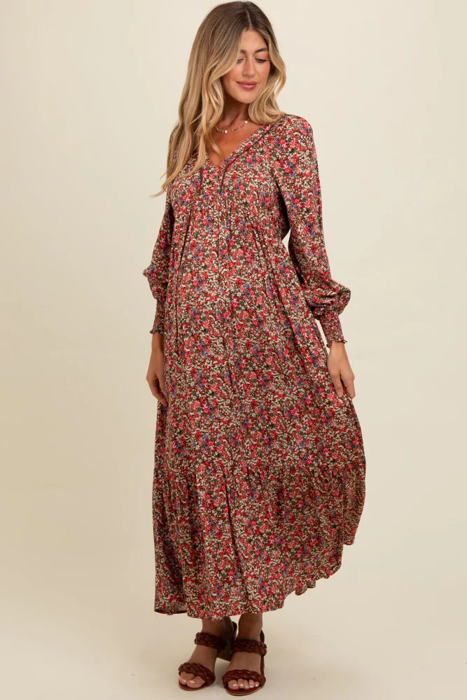 Mocha Floral V-Neck Bubble Sleeve Maternity Maxi Dress | PinkBlush Maternity