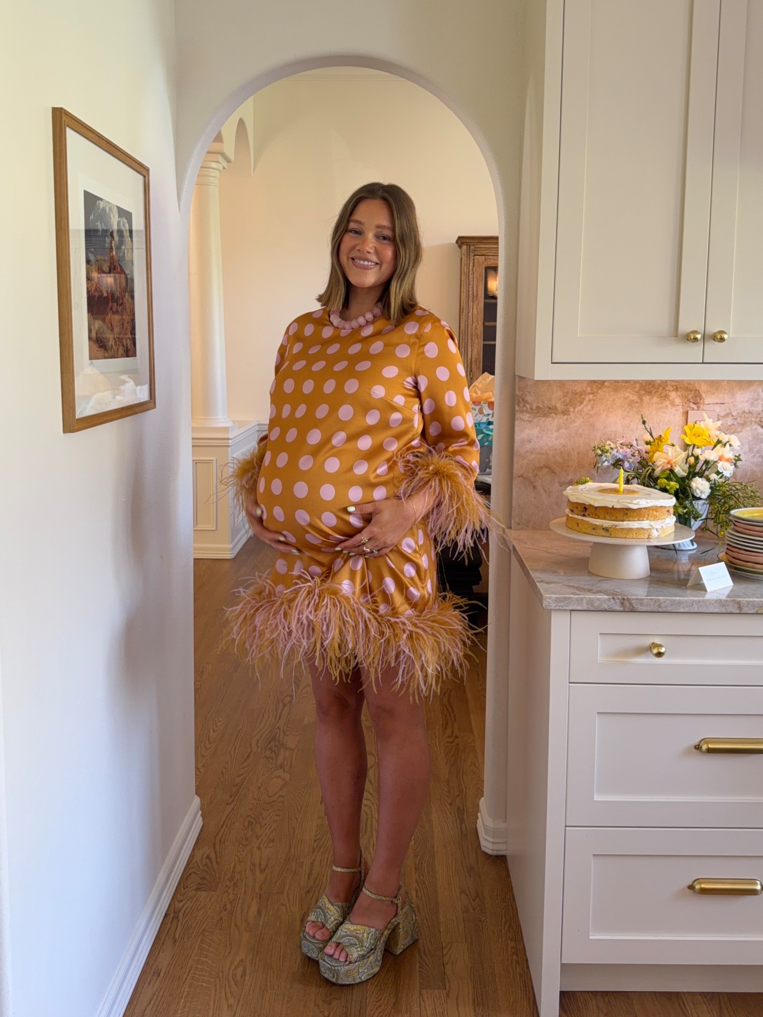 Size 10 in this polka dot feather dress (obsessed!!) I would take an 8 if I want pregnant. It has great length too I’m 5’ 5” and it’s mid to low thigh. Comfortable and so cute!! Platforms are amazing actually very easy to walk in and comfy. True to size! 

#featherdress #babyshowerdress #bresheppard #thirdtrimester #playformheels #polkadots #birthdaydress