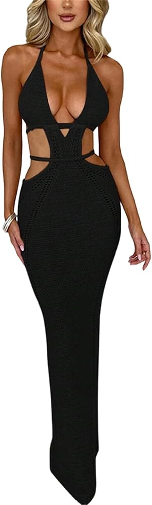 Women Sexy Crochet Maxi Dress Cut Out Halter V Neck Backless Knit Bodycon Long Dress Summer Beach... | Amazon (US)