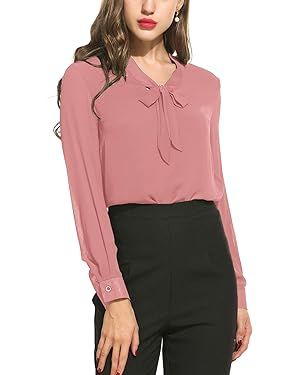 ACEVOG Chiffon Blouses for Women Dressy Bow Tie Neck Long Sleeve Work Shirt Formal Casual Wear | Amazon (US)