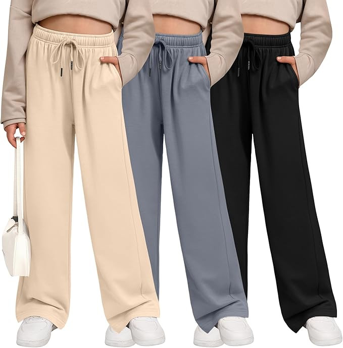 3 Pack Girls' Sweatpants Wide Leg Drawstring Casual Kids Joggers Open Bottom Loose Solid Teen Pan... | Amazon (US)