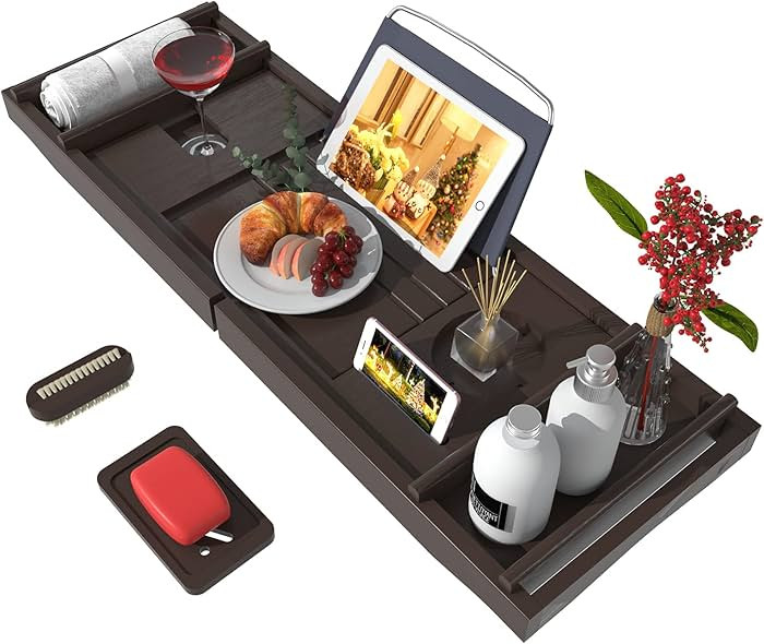 Bathtub Caddy Tray for Luxury Bath - Bamboo Waterproof Expandable Bath Table Over Tub with Wine a... | Amazon (US)