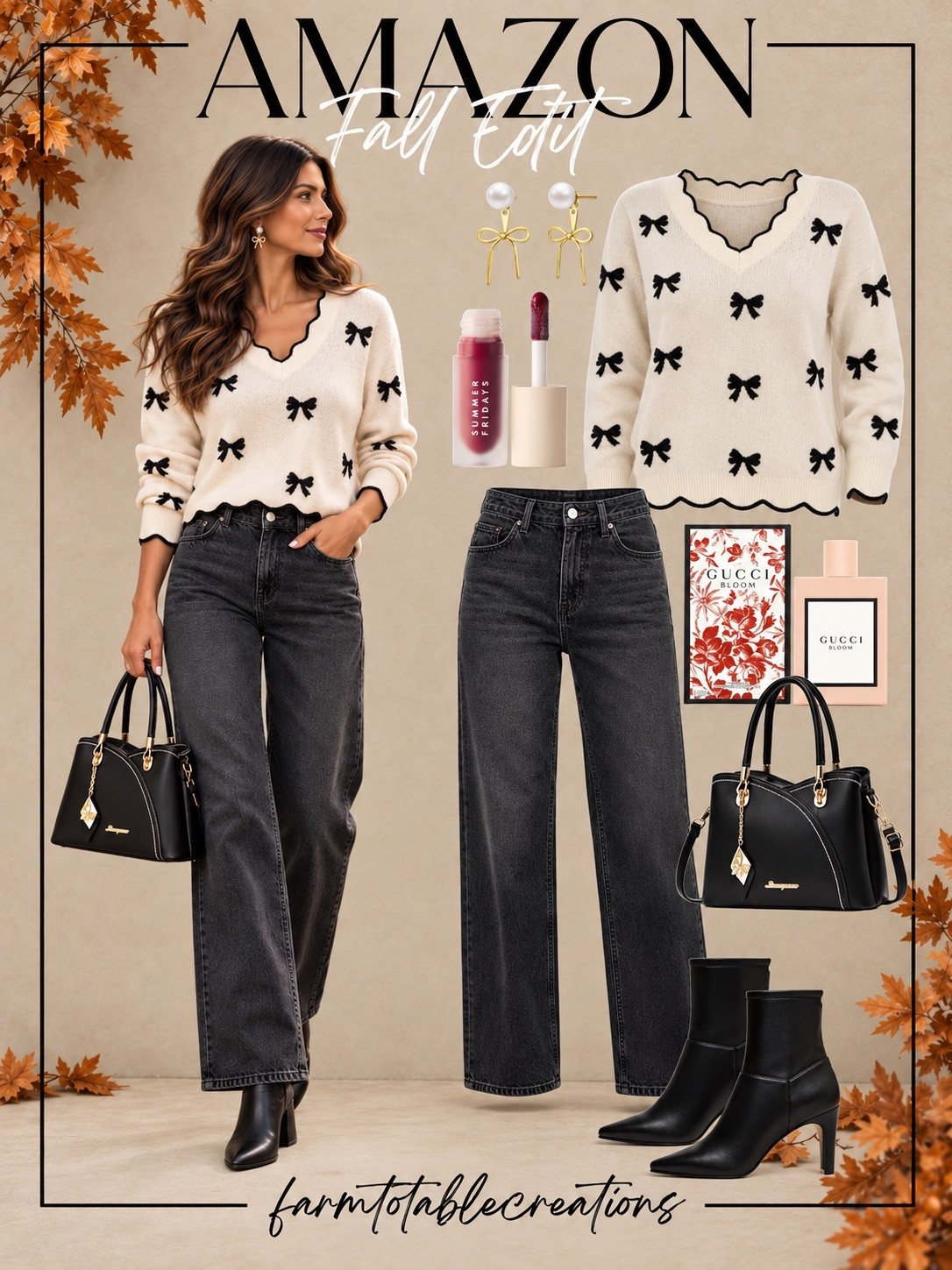 Amazon Bow Sweater Outfit 🎀🖤

A little feminine, a little classic, and so easy to wear! This bow-print sweater paired with dark wide-leg denim creates the cutest polished fall look. Add sleek black ankle boots, a structured handbag, pearl bow earrings, and a berry lip for an outfit that feels effortlessly put together.

This would be so cute for lunch with the girls, date night, shopping, or even transitioning into the holiday season. The black-and-cream palette makes it easy to dress up while still keeping it comfortable and wearable.

Follow @farmtotablecreations on Instagram for more cozy home finds and trending decor.

#LTKStyle #AmazonFashion #AmazonFinds #AmazonStyle #FallOutfit #FallFashion #BowSweater #CasualChic #WomensFashion #DateNightOutfit #GirlsDayOut #HolidayOutfit #AffordableFashion #OutfitInspo #LTKFashion

#LTKSeasonal #LTKOver40 #LTKmomlife