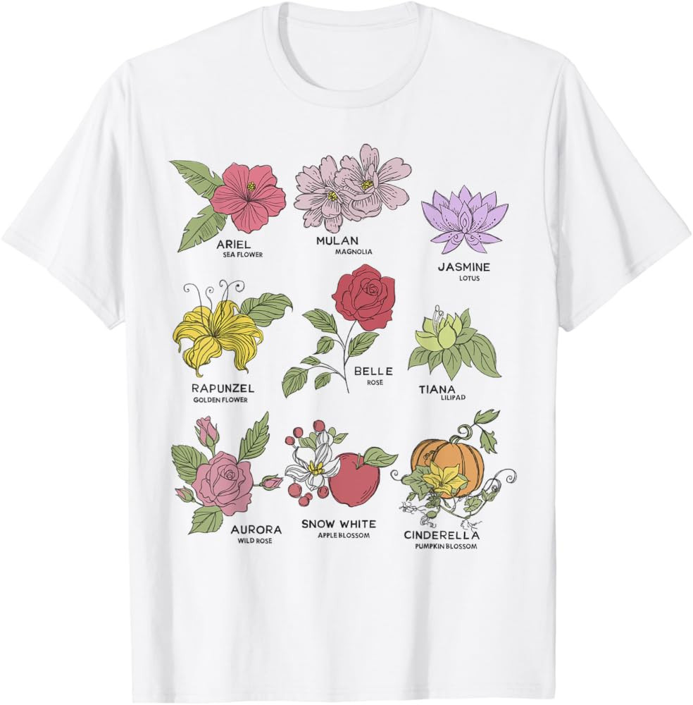 Disney Princesses Types Of Flowers Textbook Poster T-Shirt | Amazon (US)