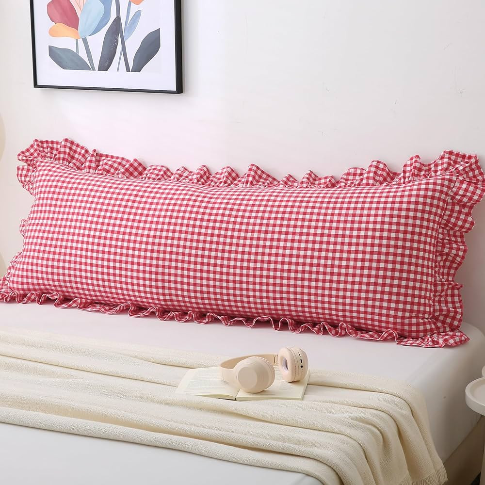 Vintage Gingham Ruffled Pillow Sham 20x54 Inches -Red/White Plaid Farmhouse Decor | 100% Washed C... | Amazon (US)