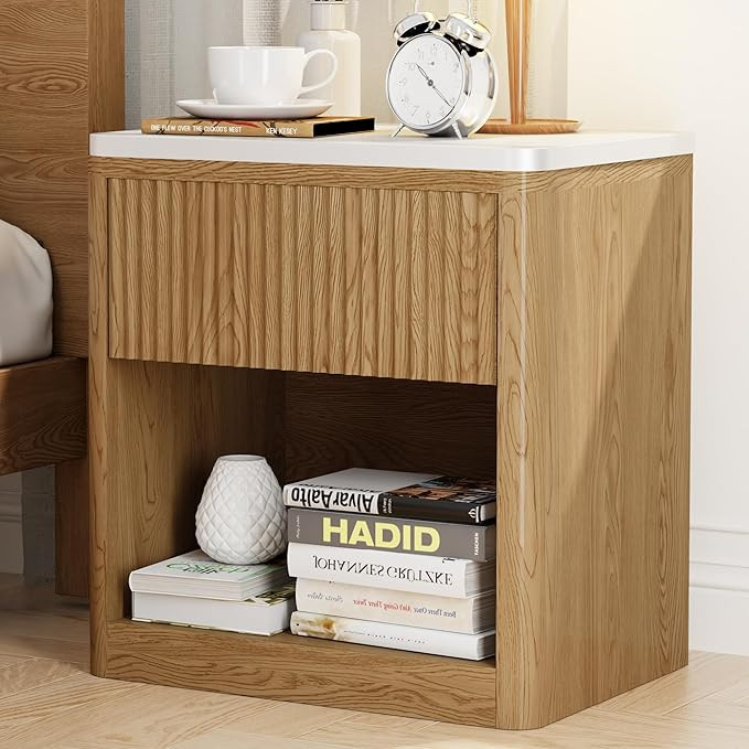 Yusong Night Stand, Wood Fluted Nightstand, 22" Large Bedside Table End Table with Faux Marble To... | Amazon (US)