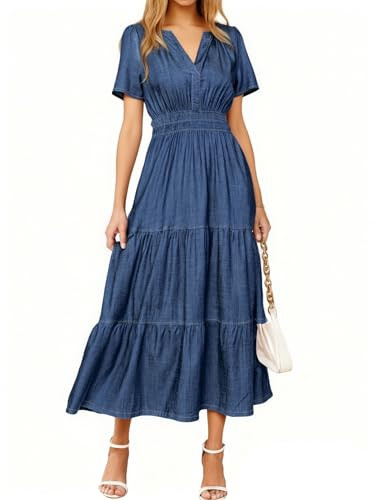 Simplee Womens Summer Denim Dress Casual Short Sleeve V Neck Empire Waist Boho Flowy Western Jean... | Amazon (US)