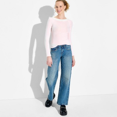 Women's Slim Fit Long Sleeve Boat Neck Ribbed T-Shirt - Wild Fable™ Light Pink Striped L | Target