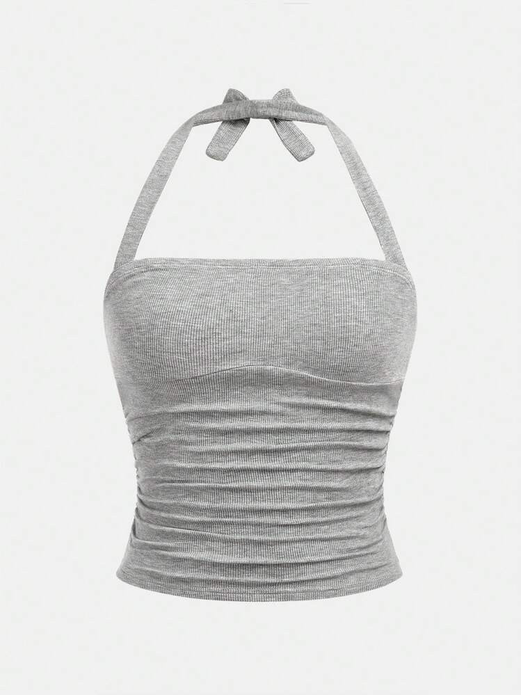 Girlism Teen Girls Casual, All-Match, Daily, Versatile, Vacation Sleeveless Ruched Bow Decor Fitted Halter Camisole Top, Spring & Summer | SHEIN