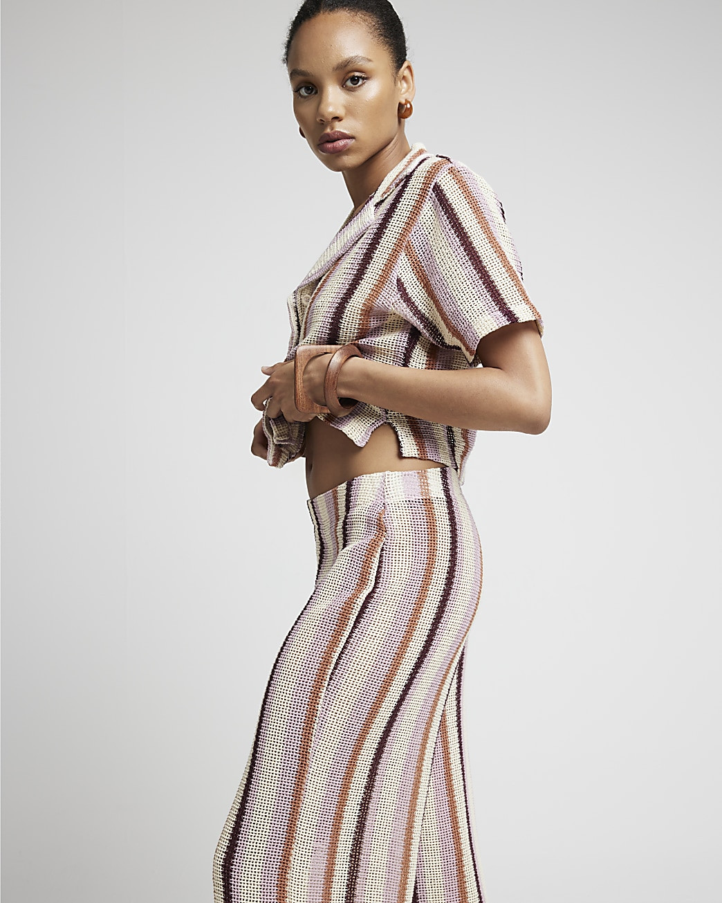 Pink crochet stripe wide leg trousers | River Island (UK & IE)