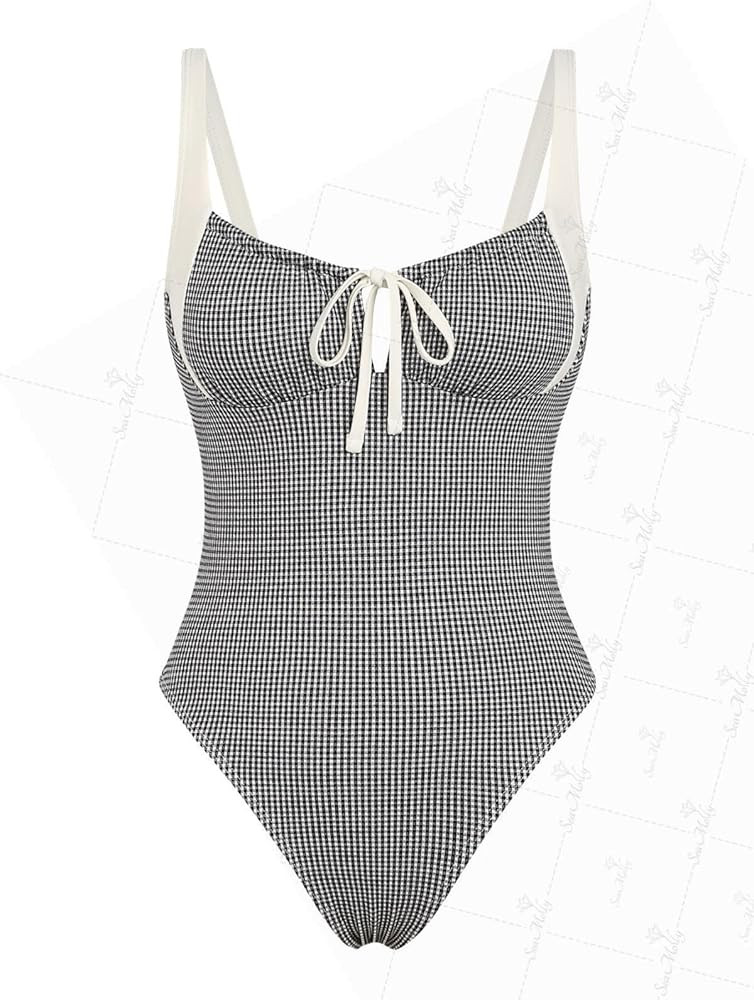 seamoly Blue Gingham Tie Around Criss Cross Backless Plunging Neck One-Piece Swimsuit | Amazon (US)