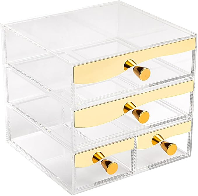 Mouchoi 4-Drawer Desk Organizer, Makeup Organizer, Acrylic Storage Drawers, Clear and Gold | Amazon (US)