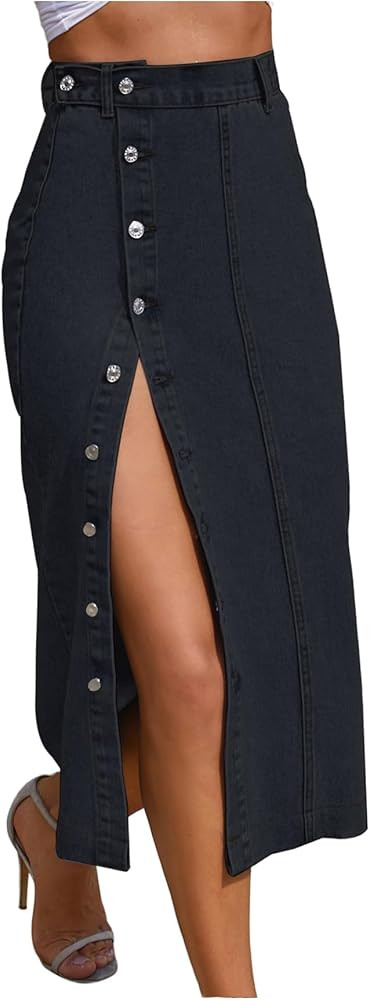 WDIRARA Women's Casual Side Split Denim Midi Skirt Button Down High Waisted Jean Skirt | Amazon (US)
