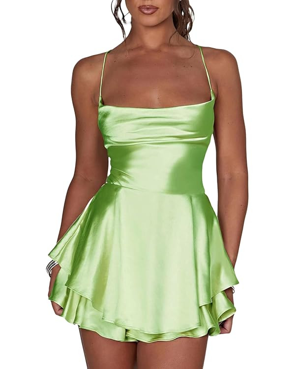Women Sexy Backless Short Romper Satin Dress Cowl Neck Tie Ruffle Layer Spaghetti Strap Jumpsuit ... | Amazon (US)