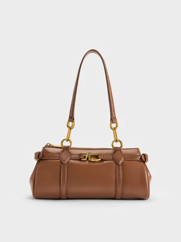 Gwynne Metallic-Accent Elongated Shoulder Bag
    
         - Chocolate | Charles & Keith US