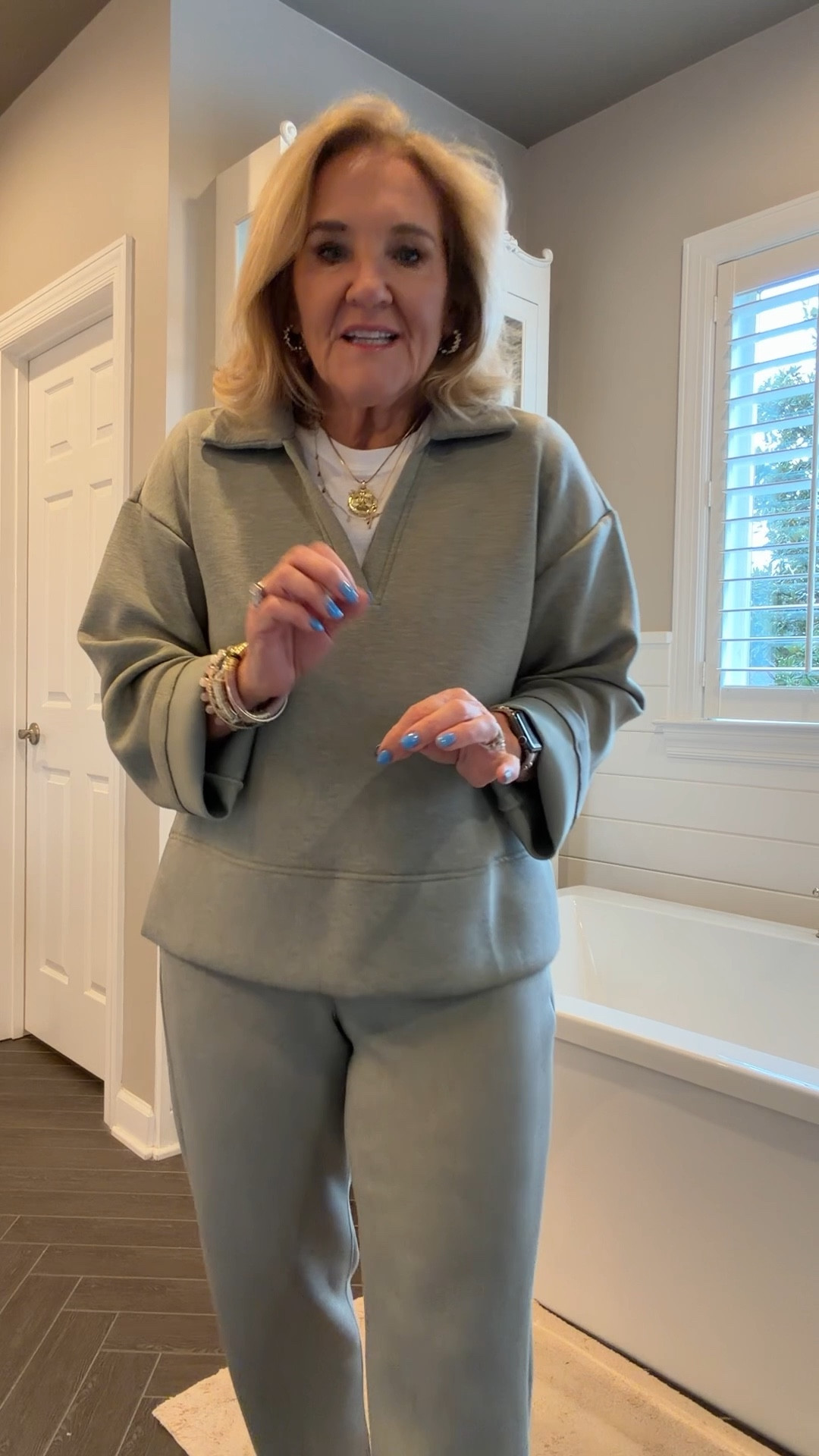 Spanx air essentials I love this new color. I’m wearing a medium in the polo top and a medium petite in the slim straight bottoms. It also comes in the wide black and a new fabric. That’s a ribbed air essentials.  
Allie & Bess 20% off code NANETTE20
The beauty products linked have been easy on my sensitive skin  

Spring loungewear, travel outfit spring cozy 

#LTKTravel #LTKOver40 #LTKdayinmylife #LTKgrwm #LTKOver40