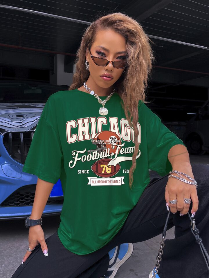 Rugby & Slogan Graphic Drop Shoulder Oversized Tee | SHEIN